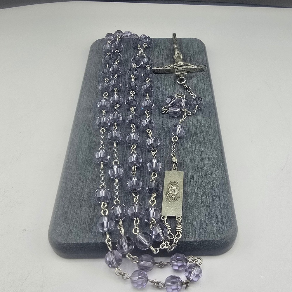 Vintage Estate Rosary Purple Faceted Glass Bead Silver Tone Crucifix 22in